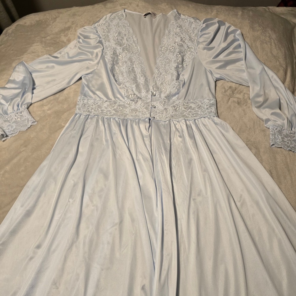 Shadowline Vintage Blue Nylon Lace Long Robe Nightgown Made in USA Large
